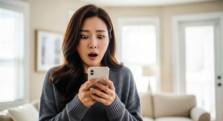 JPG 편집이미지 여자 감정 가구 거실 조명 기술 실내 표정 일상 생활 스마트폰 놀람 소통 순간 의료성형뷰티 편집실사 AI인물포토 AI콘텐츠 생활용품 컨셉 사람 내부 라이프 핸드폰 스마트기기 CG 파일형식 AI포토