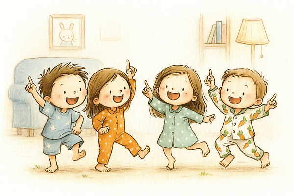 JPG 행복 어린이 거실 일러스트 손가락 가족 모션 놀이 하늘 집안 실내 웃음 친구 달리기 잠옷 아기 저녁 즐거움 그림 국내일러스트 AI일러스트 AI콘텐츠 손 옷 감정 관계 표정 사람 내부 야간 파일형식
