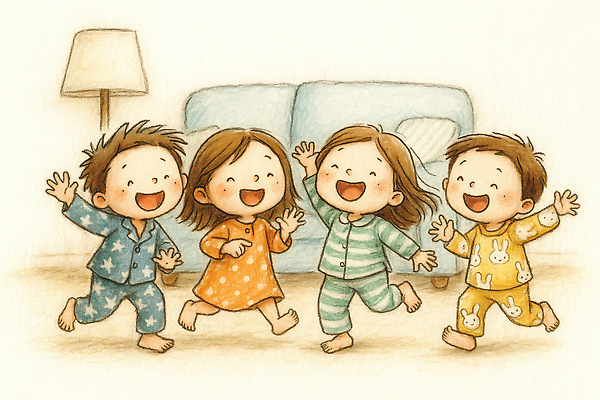 JPG 행복 어린이 거실 일러스트 가족 모션 놀이 실내 웃음 친구 소파 활발 기쁨 잠옷 즐거움 장면 국내일러스트 AI일러스트 AI콘텐츠 옷 감정 컨셉 의자 관계 표정 사람 내부 파일형식