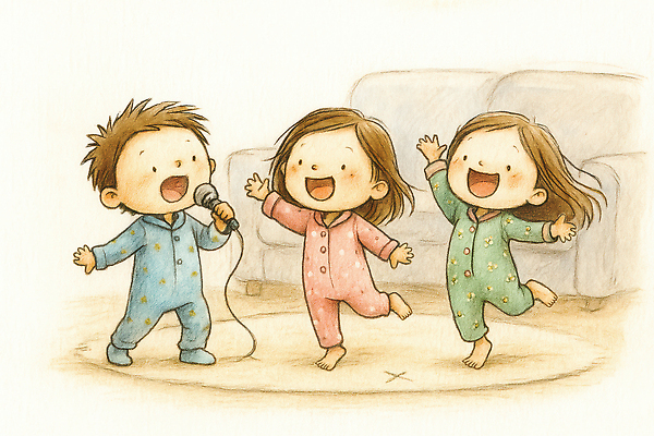 JPG 행복 어린이 음악 거실 일러스트 노래 가정 가족 모션 놀이 웃음 친구 잠옷 춤 아기 마이크 즐거움 국내일러스트 AI일러스트 AI콘텐츠 옷 감정 음향기기 관계 문화예술 표정 사람 파일형식