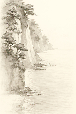 JPG 나무 물결 예술 바다 일러스트 자연 수채화 풍경 해변 고요 일몰 절벽 소나무 뷰티풀 수목 풍경화 국내일러스트 AI일러스트 AI콘텐츠 식물 노을 그림 생태계 파일형식