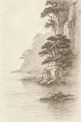 JPG 나무 여유 물결 바다 일러스트 자연 하늘 산 풍경 해변 고요 절벽 암석 바위 소나무 조화 산수화 차분 국내일러스트 AI일러스트 AI콘텐츠 식물 감정 컨셉 돌_바위 동양화 생태계 파일형식