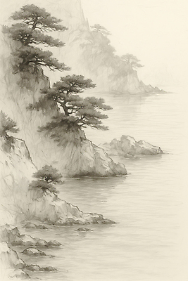 JPG 나무 전통 예술 바다 일러스트 자연 아침 한국 회화 풍경 해변 고요 일몰 바위 소나무 조화 뷰티풀 풍경화 국내일러스트 AI일러스트 AI콘텐츠 주간 식물 아시아 말하기 노을 돌_바위 그림 생태계 파일형식