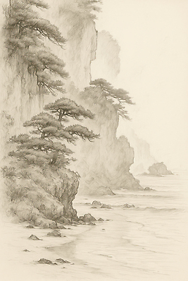 JPG 나무 예술 바다 일러스트 자연 그림자 풍경 해변 고요 절벽 바위 소나무 그림 조화 수목 풍경화 국내일러스트 AI일러스트 AI콘텐츠 식물 돌_바위 생태계 파일형식