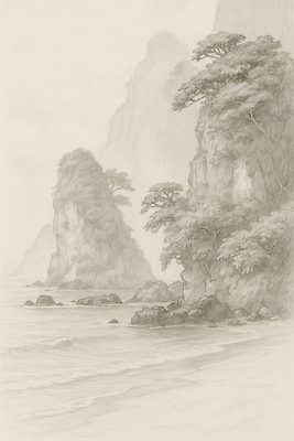 JPG 나무 식물 파도 바다 여행 일러스트 자연 하늘 풍경 해변 평화 환경 절벽 흐름 탐험 바위 조용 색감 풍요 차분 국내일러스트 AI일러스트 AI콘텐츠 컨셉 돌_바위 생태계 파일형식