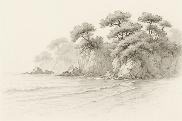 JPG 나무 물결 바다 섬 일러스트 자연 하늘 바람 휴식 수채화 풍경 해변 평화 고요 일몰 숲 기암괴석 그림 조용 뷰티풀 국내일러스트 AI일러스트 AI콘텐츠 자연요소 식물 컨셉 날씨 노을 바위_돌 생태계 파일형식