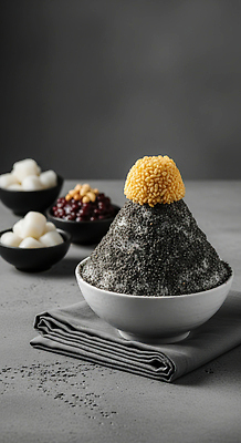 JPG 편집이미지 전통 디저트 여름 달콤 맛 차가움 토핑 빙수 검은깨 솜사탕 집밥 편집실사 AI포토 AI콘텐츠 계절 음식 컨셉 CG 깨 파일형식