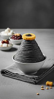 JPG 편집이미지 그릇 음식 탁자 디저트 한국 요리 검은색 면류 맛 피라미드 토핑 정통 편집실사 AI포토 AI콘텐츠 식기 건축물 아시아 컬러 가구 컨셉 CG 랜드마크 파일형식