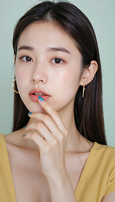 JPG 편집이미지 헤어스타일 여자 패션 하늘색 백그라운드 손가락 사람 화장 뷰티 평화 매력적 표현 의료성형뷰티 편집실사 AI인물포토 AI콘텐츠 손 컨셉 파란색 CG 파일형식 AI포토