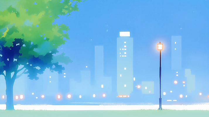JPG 나무 길 가로등 일러스트 자연 조명 풍경 건물 빛 환경 고요 도시 시간 찡그림 분위기 저녁 모던 국내일러스트 AI일러스트 AI콘텐츠 식물 건축물 공공시설 컨셉 표정 야간 생태계 파일형식