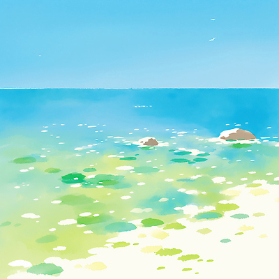 JPG 바다 일러스트 자연 하늘 바람 건강 풍경 해변 여름 파란색 햇빛 평화 환경 조약돌 해조류 수조 생태계 뷰티풀 수평선 차분 국내일러스트 AI일러스트 AI콘텐츠 자연요소 계절 컬러 컨셉 날씨 태양 돌_바위 해양식물 파일형식