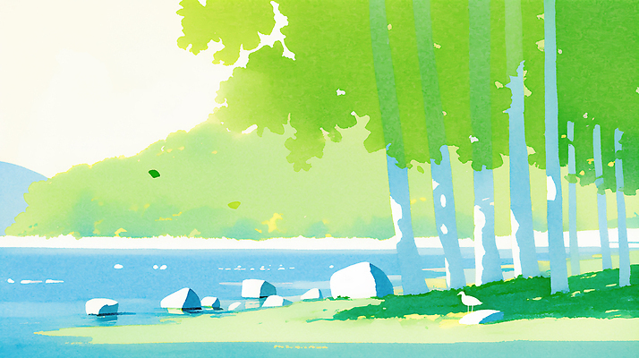 JPG 나무 호수 야생동물 일러스트 자연 휴식 산 따뜻함 그림자 풍경 초원 여름 파란색 햇빛 평화 환경 고요 바위 시원함 청명 국내일러스트 AI일러스트 AI콘텐츠 식물 동물 계절 컬러 컨셉 태양 돌_바위 생태계 파일형식