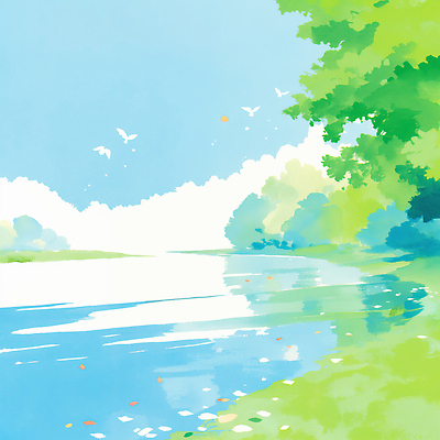 JPG 나무 공원 여행 일러스트 자연 조류 하늘 생명 풍경 물 여름 강 햇빛 흐름 에너지 시원함 조용 차분 국내일러스트 AI일러스트 AI콘텐츠 자연요소 식물 동물 계절 공공시설 컨셉 태양 생태계 파일형식