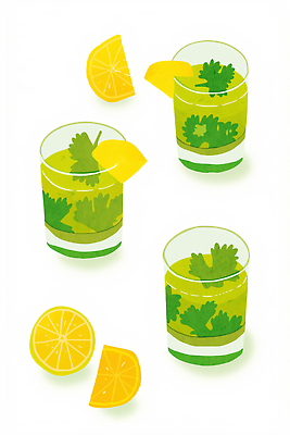 JPG 음료 컬러 일러스트 재료 자연 잔 건강 요리 장식 주스 칵테일 고수 차가움 시원함 레몬 허브 준비 상큼 미각 국내일러스트 AI일러스트 AI콘텐츠 식물 식기 과일 주류 감각 향신료 생태계 파일형식