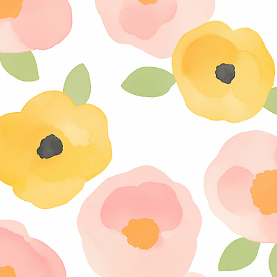 JPG 디자인 꽃 분홍색 컬러 백그라운드 무늬 패턴 일러스트 자연 수채화 장식 노란색 흰색 즐거움 그림 부드러움 화사함 조화 뷰티풀 국내일러스트 AI일러스트 AI콘텐츠 식물 감정 컨셉 감각 생태계 파일형식