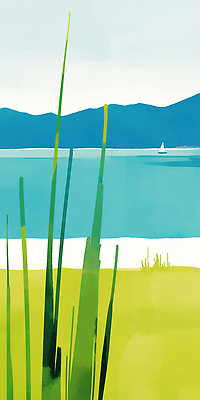 JPG 감정 호수 여행 일러스트 자연 하늘 아침 산 풍경 초원 여름 파란색 평화 수영 수중식물 조용 풍경화 국내일러스트 AI일러스트 AI콘텐츠 주간 식물 계절 컬러 컨셉 수상스포츠 그림 생태계 파일형식