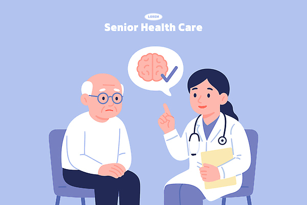 노년 일러스트 의학 건강 관리 생활 치료 진료 환자 의사 정보 질병 직원 뇌 상담 예방 습관 심리 전문 조언 지원 국내일러스트 AI파일 성인 의료진 파일형식 벡터