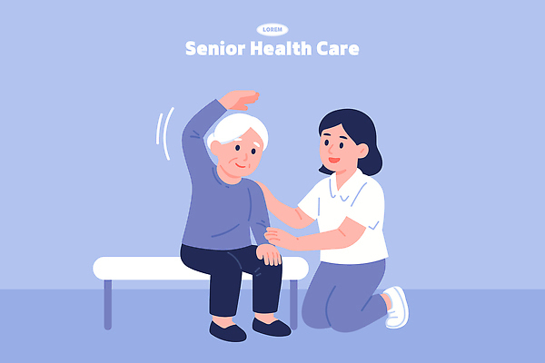 라이프스타일 노년 감정 일러스트 의학 친절 병원 사랑 안전 치료 운동 건강관리 간호사 도움 비타민 노인요양 물리치료 재활 지원 상호작용 국내일러스트 AI파일 컨셉 건강 관리 성인 생활 의료진 요양 영양소 파일형식 벡터