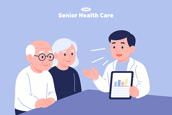 부부 노년 일러스트 의학 건강 대화 생활 치료 학습 건강관리 만남 의사 정보 연령 복지 상담 예방 이해 조언 지원 국내일러스트 AI파일 커플 교육 컨셉 관리 말하기 성인 의료진 사회이슈 파일형식 벡터