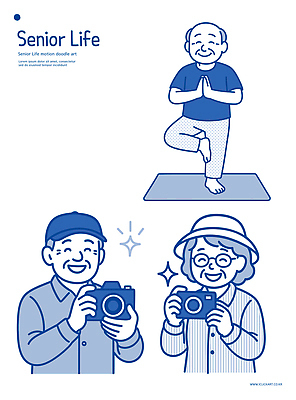 라이프스타일 부부 노년 행복 일러스트 요가 모션 자연 건강 미소 취미 생활 운동 카메라 기쁨 편안함 연령 국내일러스트 AI파일 웰빙 커플 감정 표정 성인 전자제품 감각 생태계 파일형식 벡터