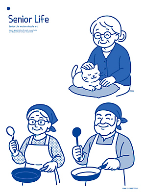 캐릭터 노년 행복 여유 음식 일러스트 가족 따뜻함 건강 사랑 요리 미소 웃음 취미 일상 생활 주방 고양이 그림 드로잉 국내일러스트 일러캐릭터 AI파일 감정 포유류 관계 표정 미술 성인 라이프 반려동물 파일형식 벡터
