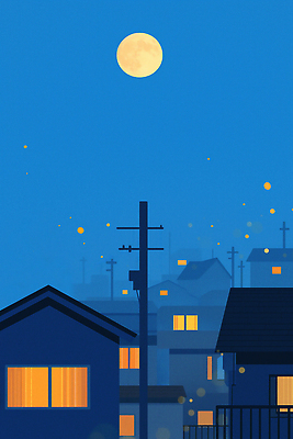 JPG 벽 일러스트 전구 창문 자연 하늘 조명 주택 풍경 야외 일상 파란색 평화 마을 고요 달 시골 도시 국내일러스트 AI일러스트 AI콘텐츠 자연요소 컬러 컨셉 건물 라이프 생태계 파일형식