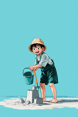 캐릭터 행복 모래 바다 일러스트 놀이 하늘 웃음 소년 취미 해변 여름 햇빛 즐거움 주말 모래성 수통 국내일러스트 일러캐릭터 AI파일 계절 남자 감정 어린이 표정 태양 파일형식 벡터