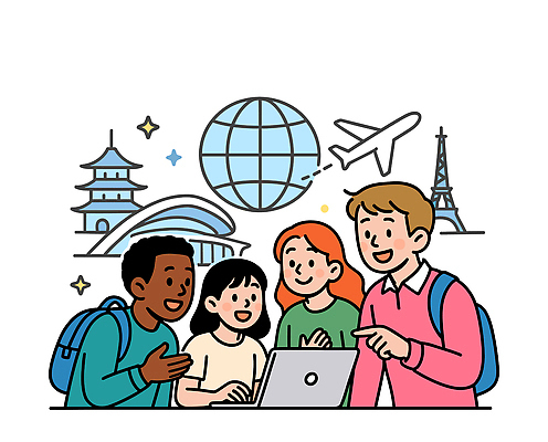문화 여행 일러스트 청소년 협력 비행기 대화 웃음 친구 노트북 세계 지구본 우정 정보 탐험 그룹 계획 즐거움 다문화 랜드마크 국내일러스트 AI파일 감정 컨셉 관계 항공교통 대중교통 표정 말하기 사람 전자제품 사회이슈 파일형식 벡터
