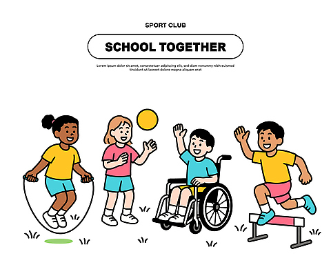 스포츠 일러스트 학교 모션 놀이 협력 함께함 웃음 친구 운동 점프 게임 결합 장애인 즐거움 휠체어 줄넘기 체육대회 참여 국내일러스트 AI파일 교육 감정 컨셉 관계 표정 건강 체육 대회 장애 파일형식 벡터