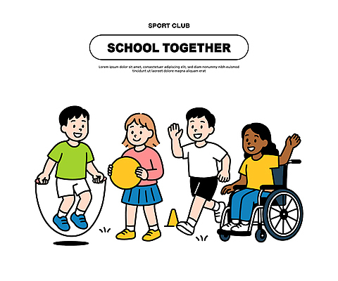 손 어린이 스포츠 일러스트 공 학교 모션 놀이 협력 함께함 웃음 친구 운동 다양 장애인 즐거움 휠체어 줄넘기 긍정적 참여 국내일러스트 AI파일 교육 감정 다수 컨셉 관계 표정 건강 사람 신체부위 장애 파일형식 벡터