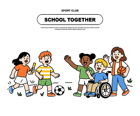 어린이 스포츠 일러스트 학교 모션 놀이 협력 농구 건강 웃음 친구 운동 축구 다양 즐거움 휠체어 소통 스포츠클럽 국내일러스트 AI파일 교육 감정 다수 컨셉 관계 표정 사람 구기 파일형식 벡터