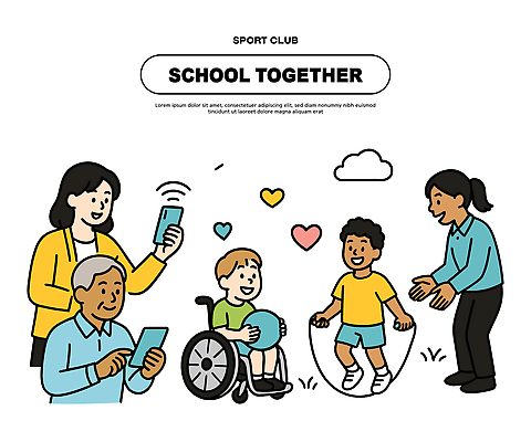 스포츠 일러스트 학교 가족 모션 놀이 협력 함께함 미소 취미 친구 스마트폰 운동 에너지 즐거움 휠체어 클럽 줄넘기 소통 국내일러스트 AI파일 교육 감정 컨셉 관계 표정 건강 핸드폰 스마트기기 파일형식 벡터