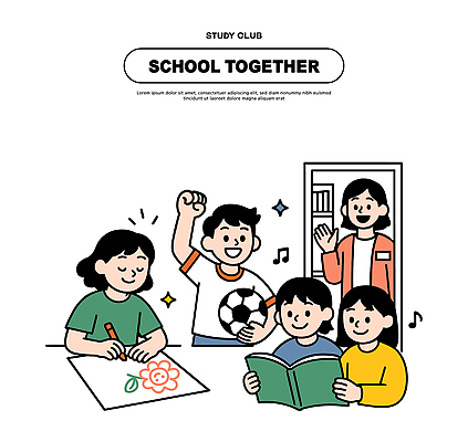 학생 교육 어린이 일러스트 학교 모션 놀이 협력 미술 친구 학습 독서 교사 축구 전시 공간 시간 그룹 즐거움 국내일러스트 AI파일 직업 감정 관계 문화예술 사람 구기 파일형식 벡터