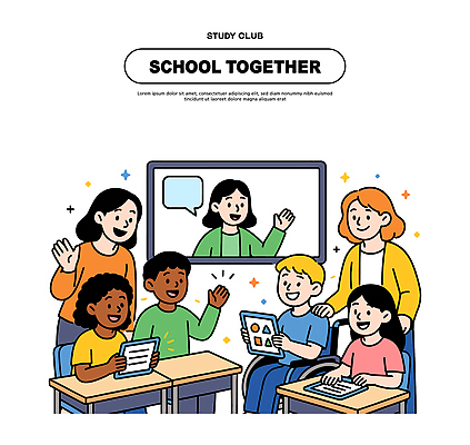 학생 교육 일러스트 교실 학교 모션 수업 협력 대화 친구 학습 태블릿 환경 교사 모임 교양 즐거움 소통 참여 국내일러스트 AI파일 직업 감정 컨셉 관계 말하기 전자제품 스마트기기 파일형식 벡터