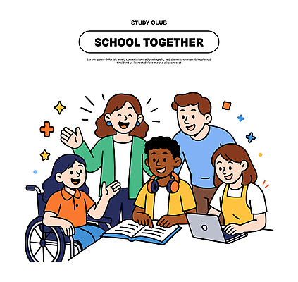 일러스트 학교 모션 협력 대화 친구 학습 다양 도움 그룹 분위기 장애인 즐거움 클럽 소통 공동체 의사소통 참여 국내일러스트 AI파일 교육 감정 다수 컨셉 관계 말하기 장애 파일형식 벡터