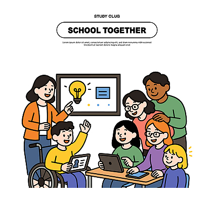 학생 교육 일러스트 학교 모션 협력 친구 학습 모임 교양 정보 발표 장애인 프레젠테이션 즐거움 소통 동아리 참여 국내일러스트 AI파일 감정 컨셉 관계 장애 파일형식 벡터