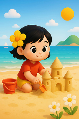 JPG 구름 꽃 어린이 모래 바다 컬러 일러스트 자연 놀이 해변 물 여름 햇빛 회색 퍼즐 즐거움 모래성 오후 창의력 국내일러스트 AI일러스트 AI콘텐츠 자연요소 식물 계절 감정 사람 태양 생태계 파일형식