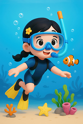 JPG 어린이 스포츠 바다 컬러 일러스트 놀이 어류 수영 수중동물 잠수부 즐거움 수족관 스노클링용품 상상력 국내일러스트 AI일러스트 AI콘텐츠 동물 감정 스포츠용품 사람 수상스포츠 스노클링 전문직 파일형식