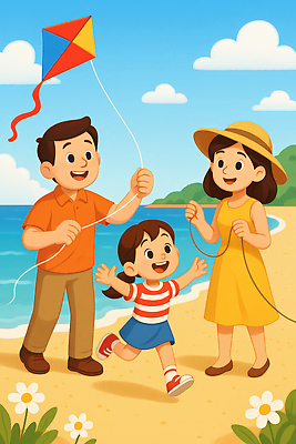 JPG 행복 어린이 모래 바다 컬러 일러스트 가족 모션 자연 놀이 함께함 웃음 해변 여름 부모 햇빛 소풍 연 즐거움 국내일러스트 AI일러스트 AI콘텐츠 계절 감정 컨셉 관계 표정 사람 태양 야외활동 놀이용품 생태계 파일형식