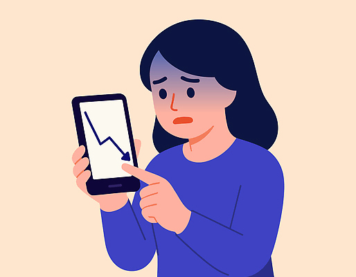 여자 감정 일러스트 그래프 기술 표정 경제 스마트폰 유행 자료 정보 변화 시장 주식 하락 불안 분석 확인 투자 비율 손실 국내일러스트 AI파일 컨셉 비즈니스 사람 금융 핸드폰 스마트기기 파일형식 벡터