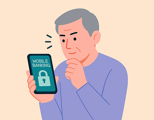 라이프스타일 노년 일러스트 관리 전자제품 스마트폰 어플리케이션 고민 보안 금융거래 기술발전 모바일뱅킹 의사결정 사용자 국내일러스트 AI파일 감정 안전 성인 생활 금융 핸드폰 스마트기기 발전 뱅킹 파일형식 벡터