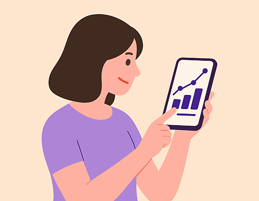 여자 일러스트 비즈니스 손가락 통계 그래프 기술 실험 그래픽 스마트폰 유행 디지털 자료 정보 성장 결과 집중 분석 모던 긍정적 국내일러스트 AI파일 손 감정 컨셉 사람 핸드폰 스마트기기 파일형식 벡터