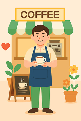 식물 꽃 커피 음료 일러스트 아침 잔 간판 따뜻함 미소 일상 상점 카페 편안함 고객 즐거움 서비스 바리스타 국내일러스트 AI파일 주간 직업 식기 감정 표정 라이프 감각 파일형식 벡터