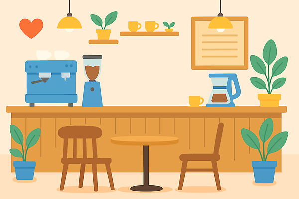 식물 디자인 커피 의자 일러스트 탁자 디저트 실내 따뜻함 장식 공간 카페 분위기 차 편안함 커피메이커 고객 모던 심플 국내일러스트 AI파일 음료 음식 가구 컨셉 내부 상점 감각 커피용품 파일형식 벡터