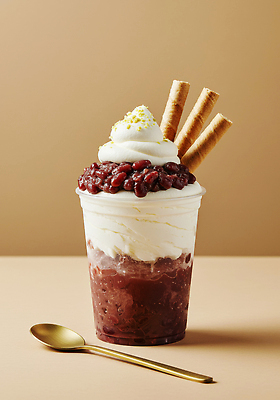 JPG 편집이미지 음식 디저트 컵 여름 카페 촉촉함 금색 흰색 달콤 크림 빙수 팥 조화 편집실사 컵빙수 AI포토 AI콘텐츠 식기 계절 컬러 상점 젖음 맛 CG 파일형식