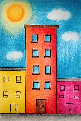 JPG 구름 디자인 예술 컬러 일러스트 하늘 색연필 거리 주택 밝음 풍경 건물 일상 생활 여름 태양 도시 그림 크레파스 국내일러스트 AI일러스트 AI콘텐츠 자연요소 건축물 계절 학용품 라이프 파일형식