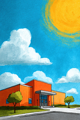 JPG 나무 구름 건축 예술 백그라운드 일러스트 창문 하늘 날씨 밝음 풍경 건물 여름 파란색 햇빛 맑음 주황색 도시 그림 주차장 국내일러스트 AI일러스트 AI콘텐츠 자연요소 식물 건축물 계절 컬러 태양 파일형식