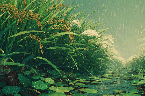 JPG 식물 예술 농업 일러스트 자연 풍경 초록색 여름 환경 고요 습기 물방울 연못 수중식물 비석 그림 풍경화 국내일러스트 AI일러스트 AI콘텐츠 계절 산업 컬러 생태계 파일형식