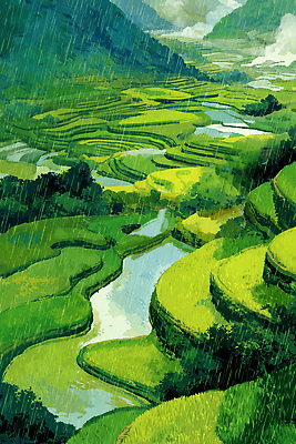 JPG 구름 농업 일러스트 자연 생명 풍경 일상 초록색 물 농작물 강 농사 수확 물방울 농촌 시골 변화 비석 논밭 동아시아 국내일러스트 AI일러스트 AI콘텐츠 자연요소 산업 컬러 컨셉 밭 논 라이프 생태계 파일형식