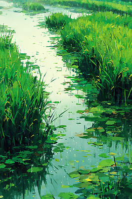 JPG 식물 지구 일러스트 자연 하늘 논 풍경 초록색 물 여름 빛 태양 반사 평화 흐름 농촌 시세 수중식물 연습 생태계 국내일러스트 AI일러스트 AI콘텐츠 자연요소 계절 컬러 컨셉 농업 금융 시골 파일형식